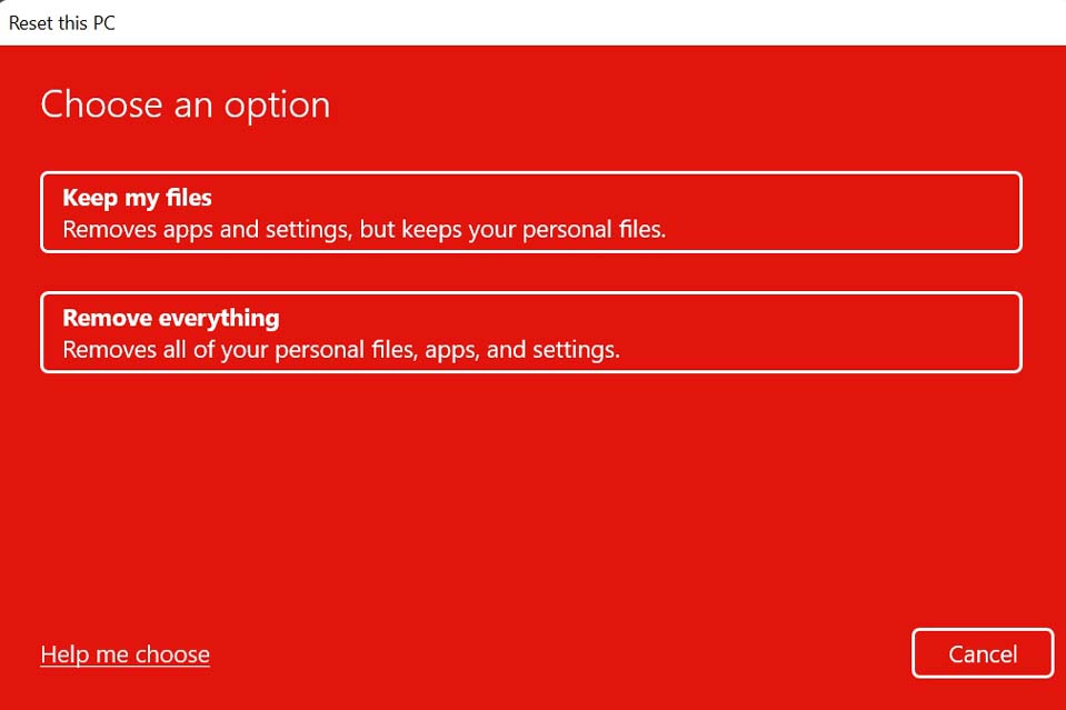 reset option Windows 11