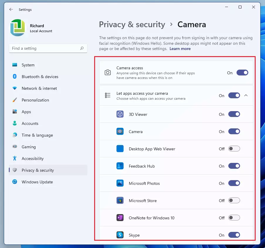 windows 11 camera access enable for apps